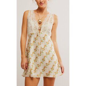 Free People Cream Lace-Trim Floral Slip